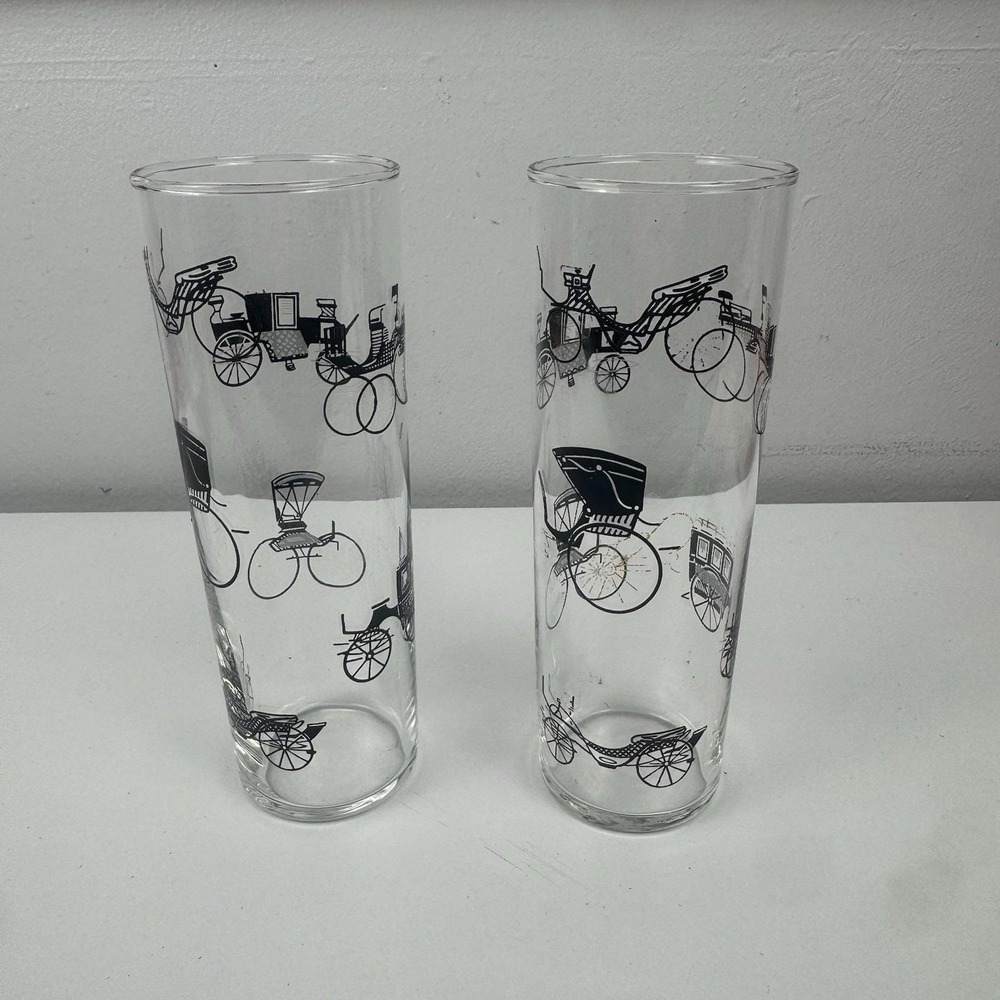 Vtg 1950s Libbey Horseless Carriage Highball Glasses Set 2 Mid Century Bar